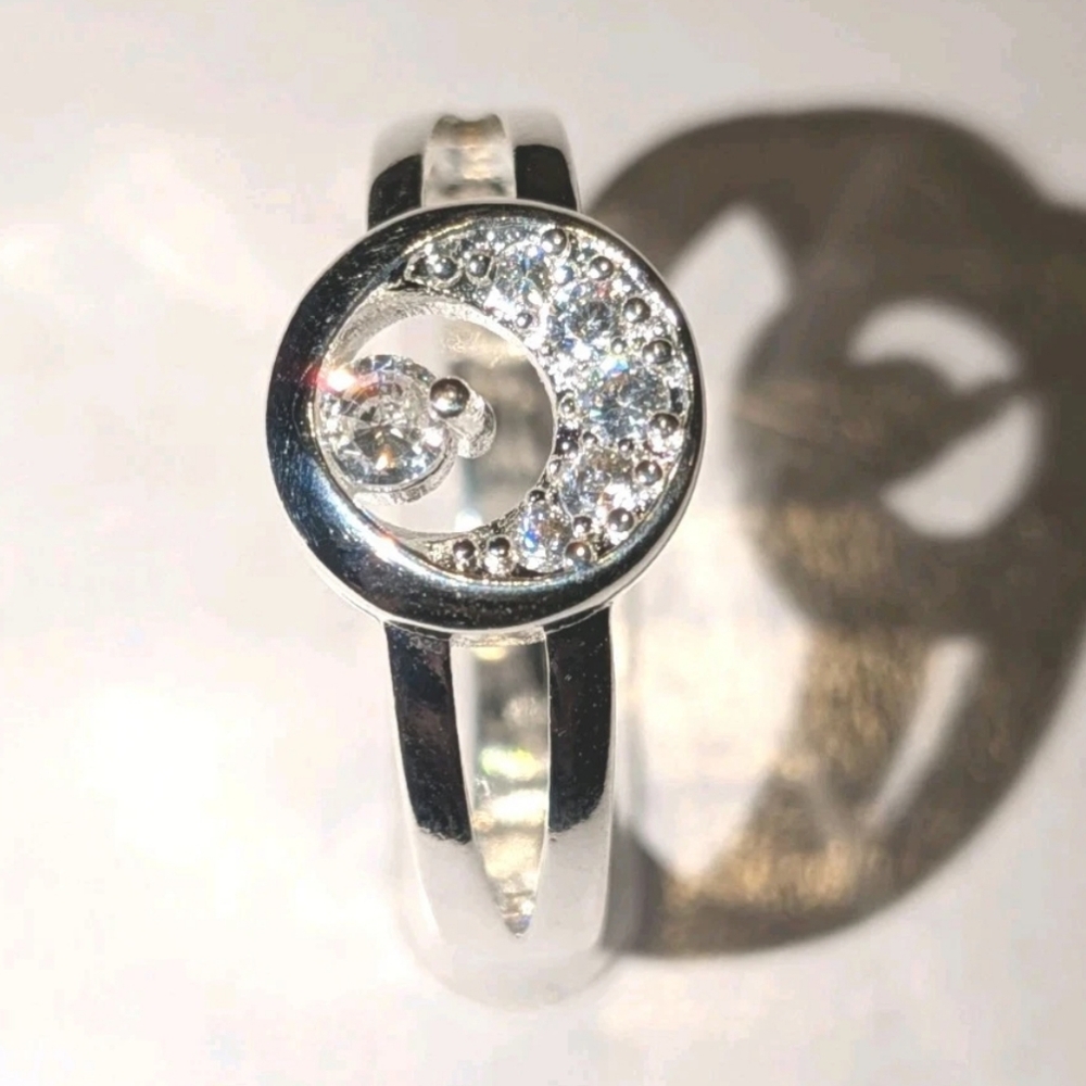 Luxury High Quality Unisex 925 Sterling Silver Crystal Crescent Moon Ring sz 8